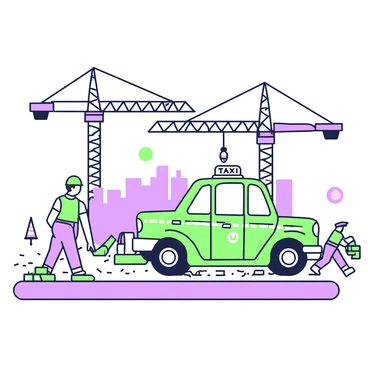 A taxi is driving through a construction site, with cranes towering in the background. The taxi is bright in color, showcasing its distinct shape and markings. The construction site features several large cranes, with their arms extended, actively lifting materials. Scattered around the site are piles of building supplies, such as bricks and wood. In the foreground, there are barriers and safety cones marking the area, while workers in hard hats can be seen moving about, coordinating the ongoing operations. The ground is uneven and covered with construction debris, emphasizing the bustling activity of the site.