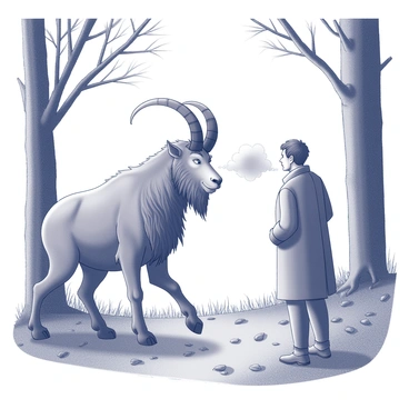 A satyr with curled horns and a bushy beard stands in a wooded area. He has a startled expression as he turns his head towards a man nearby. The satyr's fur-covered legs and hooves are partially hidden by foliage and underbrush. The man, dressed in a warm coat, exhales a visible breath that forms a mist in the cold air. The surrounding trees are tall and dark, their branches reaching overhead, creating a canopy that filters the light. The ground is covered in leaves and scattered branches, adding to the woodland atmosphere.