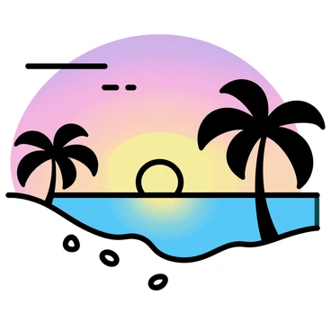 A tropical beach scene features gentle waves lapping at the shore. The sky is filled with vibrant hues of orange, pink, and purple as the sun sets on the horizon. Silhouetted palm trees line the beach, their fronds swaying slightly in the breeze. The water reflects the colorful sky, creating a stunning gradient across the surface. Small seashells are scattered on the sand, adding detail to the foreground.