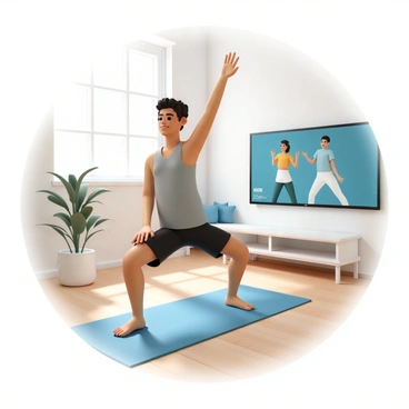 A person, wearing a grey tank top and black athletic shorts, is performing a burpee on a blue yoga mat in a well-lit living room. The room features a cozy ambiance with a couch in the background and a potted plant in the corner. A large flat-screen TV on the wall is displaying a workout video, showing an instructor demonstrating movements. The person has a focused expression, with one hand on the mat and the other extended upward during the jump phase of the burpee. The floor is hardwood, and natural light streams in through a window, illuminating the scene.