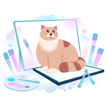 A curious cat with a fluffy coat is sitting on an 8x8 illustration board. The cat is looking around inquisitively. Surrounding the illustration board are various art supplies, including colorful markers, paint tubes, and brushes. A palette with splatters of paint is nearby. The entire scene is filled with gradient pastel colors, creating a vibrant yet soft atmosphere.