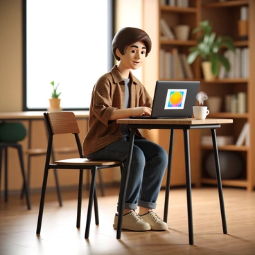 An artist with short brown hair, wearing a plaid shirt and jeans, sits at a small wooden table in a cozy cafe. They are focused intently on their laptop, which has a colorful design on the screen. Next to the laptop, there is a steaming white coffee cup, and the table is adorned with a small potted plant. Soft light filters through the cafe window, illuminating the warm wood tones of the interior. Behind the artist, shelves lined with books and art supplies can be seen, adding to the creative atmosphere.