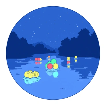 A blue delta river reflects the glow of colorful lanterns floating on its surface. The lanterns are in various shapes and sizes, emitting a warm yellow light that illuminates the surrounding water. In the background, silhouettes of trees can be seen against a deep blue sky filled with scattered stars. The scene captures the festive atmosphere of a night festival, with some lanterns drifting gently while others are clustered closely together, creating a magical ambiance.