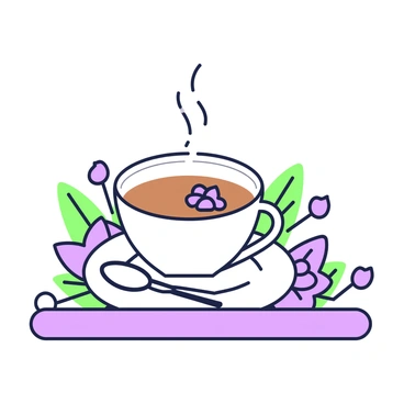 A close-up view of a steaming cup of tea placed on a wooden table. The cup is filled with brown liquid, with visible petals of native flowers floating on the surface. A small spoon rests on the saucer beside the cup. In the background, there are scattered flower petals and leaves, adding to the natural ambiance. The steam rises gently from the cup, creating a warm and inviting atmosphere.