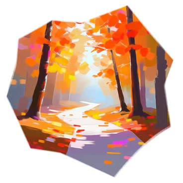 A winding pathway meanders through a dense forest filled with trees displaying vibrant autumn colors. The leaves of the trees are in various shades of orange, red, and yellow, creating a warm and inviting atmosphere. Sunlight filters through the branches, casting dappled light on the ground. The pathway is lined with fallen leaves, and the soft earth is visible beneath. In the distance, more trees can be seen, contributing to the rich tapestry of colors all around.