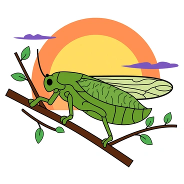 A large green cicada perched on a slender brown branch, its wings slightly open to reveal intricate patterns. The cicada has detailed features, with bulging eyes and a textured body, showcasing its vibrant color. In the background, a warm sun is setting, casting a golden glow that silhouettes the branch and cicada. The sky transitions from bright orange to soft purple, dotted with a few fluffy clouds. Tiny leaves are visible around the branch, gently swaying in the evening breeze.