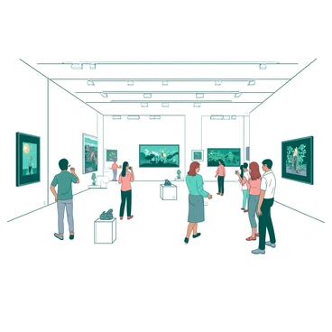 A spacious gallery with white walls displays a variety of artworks from a single artist. Each piece is framed elegantly in a contrasting teal frame, showcasing vibrant colors and intricate details. Soft lighting from overhead fixtures illuminates the art, creating a warm atmosphere. In the center of the gallery, there are small white pedestals holding sculptural pieces, enhancing the visual appeal. Visitors are spread throughout the gallery, admiring the pieces, and some are engaged in quiet conversation, adding life to the serene space.