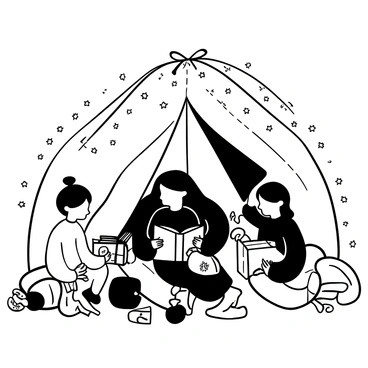 A group of children sitting inside a cozy blanket fort made from various colorful blankets and cushions. The fort is illuminated by strings of twinkling fairy lights hung around the openings. The children are engaged in reading books, sharing stories, and playing games, surrounded by plush toys and a few snacks. The scene captures the warmth and comfort of their secret hideaway.