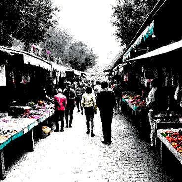A bustling village market is filled with numerous stalls. Each stall showcases a variety of pixelated goods, including fruits, vegetables, and handmade crafts. People of different ages and backgrounds are interacting, some examining the items on display while others are engaged in conversation. The scene captures the vibrancy of daily life, with a cobblestone path weaving through the market, lined with colorful banners above the stalls. Sunlight filters through the trees surrounding the market, casting dappled shadows on the ground. The atmosphere is lively and dynamic.