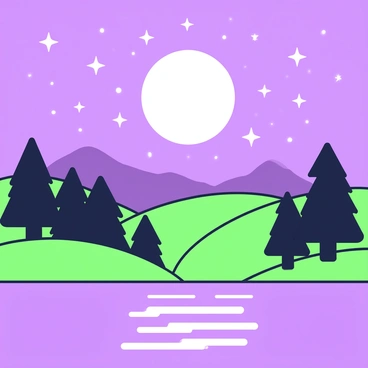 A night scene illuminated by a large moon hanging in the sky. The moon casts a bright glow over a landscape filled with silhouetted trees and rolling hills. Surrounding the moon, there are numerous twinkling stars scattered across the sky, each shining brightly. The foreground features a calm body of water, reflecting the moonlight and stars, creating a serene mirror effect. In the distance, the outline of a mountain range can be seen beneath the moonlit sky.