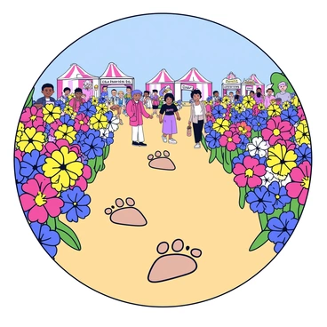 Footprints in the dirt lead through a vibrant flower festival. The scene is filled with a variety of colorful blooms, including bright red, yellow, and blue flowers, creating a lively atmosphere. Happy visitors stroll along the path, some stopping to admire the flowers, while others take photos. In the background, there are decorative stalls displaying more flowers and festival banners. The sky is clear and blue, adding to the cheerful environment.