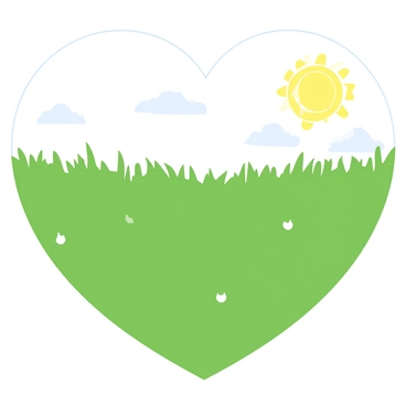 A field covered in lush green grass is outlined in the shape of a heart. Soft, white fog hovers just above the ground, creating a gentle mist that partially obscures the grass. The sun is low in the sky, casting a warm golden light that filters through the fog, enhancing the tranquil atmosphere. Small dew droplets glisten on blades of grass within the heart shape, adding texture to the scene. The horizon is barely visible due to the thick fog, giving a sense of depth to the image.