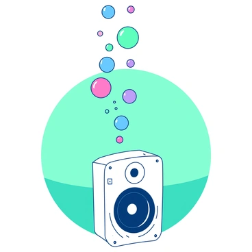 A white speaker is positioned in the center of the image, emitting a series of bubbles rising upward. The bubbles are in various colors, creating a vibrant display as they ascend. Each bubble varies in size, some small and delicate, while others are larger and more pronounced. The bubbles seem to vibrate with energy, visually representing sound resonance emanating from the speaker. The background is a soft gradient of teal, enhancing the vivid colors of the bubbles as they float upward.