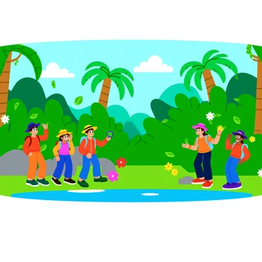 A stage set featuring vibrant green jungle scenery filled with large, tropical leaves and colorful flowers. The backdrop consists of tall palm trees and hanging vines. In the foreground, several children dressed as explorers are engaged in various activities. One child is holding a magnifying glass, examining a leaf, while another is pretending to climb a tree. Each explorer is wearing a colorful outfit, complete with hats and backpacks, adding to the adventurous atmosphere. The lighting is bright, enhancing the cheerful mood of the scene.