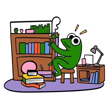 A thoughtful green frog with big eyes is standing on a small wooden stool, carefully organizing colorful books on a miniature bookshelf. The frog has a focused expression, wearing tiny glasses perched on its nose. The cozy library features warm, soft lighting, with a few plush cushions scattered around and a small window showing a glimpse of greenery outside. A stack of books lies on the floor beside the frog, and a tiny desk in the corner holds a small lamp and a notebook.
