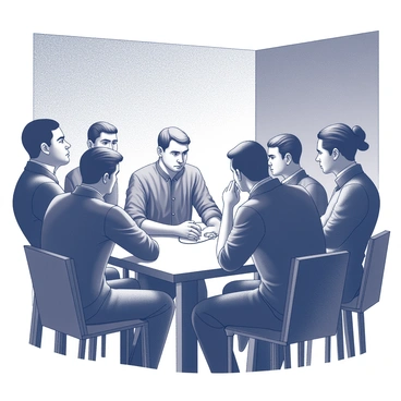 An undercover agent is positioned discreetly in a dimly lit room, listening intently to a group of individuals engaged in a covert conversation. The agent, wearing a dark shirt, has a wire concealed beneath the fabric, with the wire subtly snaking towards the upper area of the shirt. The room is sparsely furnished, with a table at the center surrounded by several tense-looking figures, each displaying distinct expressions of intrigue and caution. Shadows accentuate the atmosphere, creating a sense of secrecy and unease in the scene.
