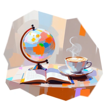 A classic globus with detailed geographical markings is placed prominently on a cozy wooden cafe table. Next to the globus, there is a steaming cup of coffee, featuring swirling patterns in the froth on top. A well-worn book lies open beside the cup, its pages slightly turned as if someone had just set it down to take a sip. The warm tones of the wood table complement the inviting atmosphere of the cafe. Soft light filters through nearby windows, creating gentle highlights on the surfaces of the items.