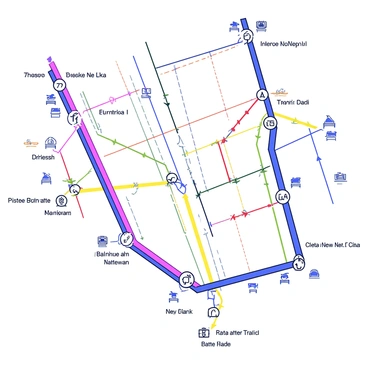 A transit map displaying the various lines and connections of a city's public transport system. The map features multiple colored lines representing different transport routes, with labels indicating station names along each route. The lines intersect at designated transfer points, clearly marked with circles. The background of the map is a simple grid to enhance readability. Key landmarks are illustrated with small icons to provide context for their locations relative to the transport system.
