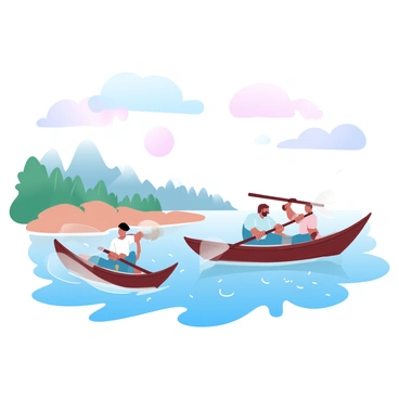 A group of fishermen is on small boats, each one made of wood and gently bobbing on the water's surface. They are using traditional fishing nets, casting them skillfully into the clear blue water. Some fishermen are pulling in their nets while others are preparing lines with bait. In the background, there is a serene shoreline dotted with lush greenery. The sky above is a gradient of pastel colors, blending soft blues and pinks as the sun begins to set on the horizon. The atmosphere captures the essence of sustainable fishing practices, emphasizing harmony with nature.