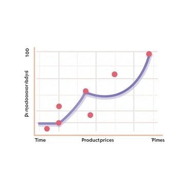 A digital flat illustration featuring a simple line graph. The graph has a white background with a grid overlay in light gray. The x-axis is labeled "Time" in black text, and the y-axis is labeled "Product Prices" in black text. A smooth, upward-curving line, colored in blue, represents the rising trend in product prices. The line moves from the lower left to the upper right corner of the graph. Several data points are marked along the line with small circles in red. There is also a subtle shadow effect beneath the graph to add depth.