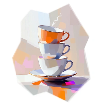 A stack of coffee cups arranged in such a way that their shapes and colors cleverly form a recognizable human face. The bottom cup is white, slightly larger, and provides a base, while the cups above it are in shades of brown, cream, and black, creating depth and contrast. The cups vary in size, with the smallest ones at the top, all positioned to outline features such as eyes, a nose, and a mouth. The arrangement gives a three-dimensional effect, with the cups carefully balanced to maintain the illusion of the face.