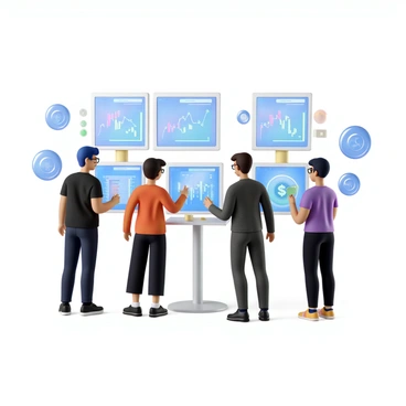 A diverse group of people engaged in trading digital currencies and goods through a futuristic online platform. The setting features multiple large holographic screens displaying graphs, charts, and currency values. Each person is interacting with touch-sensitive interfaces, showcasing different digital currencies and virtual goods. The individuals include a young woman with short blue hair wearing sleek, modern clothing, a middle-aged man with glasses and a stylish suit, and a teenager with brightly colored sneakers. The atmosphere is vibrant, and the technology appears advanced with illuminated elements and digital representations of the currencies floating above the screens.