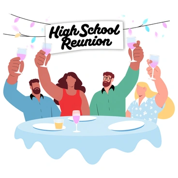 A group of four classmates is gathered around a table at a high school reunion. Each classmate is holding a glass filled with a colorful beverage, raised in a toast. The first classmate, a man with short dark hair, is wearing a blue shirt. The second classmate, a woman with curly brown hair, is dressed in a vibrant red dress. The third classmate, a man with glasses, is in a green button-up shirt. The fourth classmate, a woman with straight blonde hair, is wearing a floral blouse. Above them, a banner reads "High School Reunion" in bold letters. The setting includes round tables adorned with colorful tablecloths, and string lights hang above, creating a festive atmosphere.