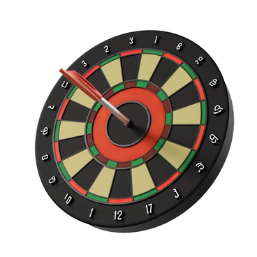 A close-up view of a dart with a metallic silver shaft and a red and black flights, firmly embedded in the center of a classic dartboard. The dartboard features a traditional design with alternating red and green sections, along with numbered segments. The bullseye is prominently displayed, showcasing a vibrant red inner circle surrounded by a thicker black outer circle. The texture of the dartboard is visible, emphasizing the sisal fibers and the precision of the dart's impact. The background is softly blurred to draw attention to the dart and the bullseye.