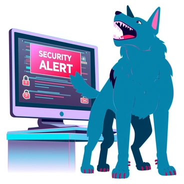 A large, sturdy watchdog with a muscular build and thick fur stands alert, facing a computer screen that displays a bright red "Security Alert" message. The dog's ears are perked up and its mouth is open, revealing sharp teeth as it barks loudly. The computer is sleek and modern, with a glowing monitor showing various security icons around the alert. The scene is set in a dimly lit room, casting shadows that enhance the tension of the moment.