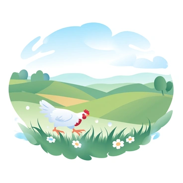 A pastoral countryside view with a lone hen walking through tall grass