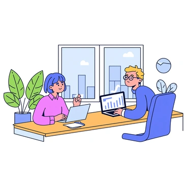 A person sitting at a sleek wooden desk, engaging in a conversation with a financial advisor. The advisor is wearing glasses and has short hair, while the person has shoulder-length hair and wears a casual shirt. Both are focused on a laptop displaying financial charts. The modern office features large windows with a city view, minimalistic furniture, and a few green plants in the background. A notepad and a pen are placed on the desk beside them.