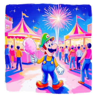 Luigi is wearing his signature green hat and blue overalls, standing in a crowded carnival scene. He is holding a large pink cotton candy in one hand, while his other hand is raised, pointing toward a dazzling display of fireworks in the night sky. Colorful stalls and decorations surround him, with people in festive attire enjoying the carnival atmosphere. Bright lights illuminate the scene, reflecting the joyful mood.