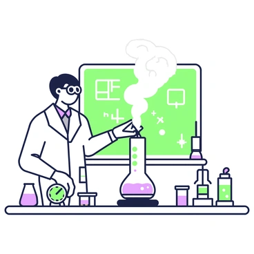 A scientist is standing in a laboratory, demonstrating vapor pressure using a laboratory setup. The scientist is wearing a white lab coat and protective goggles. In front of them is a clear glass flask filled with a liquid, positioned on a heat source. Vapor is visibly escaping from the top of the flask, swirling in the air above. To the side, a digital thermometer displays a temperature reading. Various lab equipment, such as a beaker and pipette, are arranged neatly on the workbench. A chalkboard behind the scientist features notes and diagrams related to vapor pressure experiments.