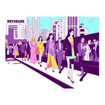 A group of fashion models is walking confidently down a sleek urban runway in Brisbane. Each model showcases unique local designs, featuring vibrant colors and intricate patterns. Some models wear flowing dresses adorned with geometric shapes, while others sport sharp-cut suits in contrasting shades. The runway is lined with an eager audience, with people taking photos and applauding the stunning outfits. The setting is highlighted by contemporary city buildings in the background, giving a dynamic feel to the event.