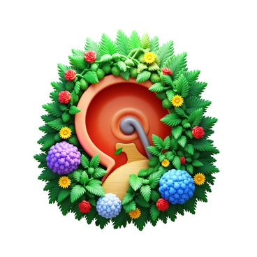 The inner ear as a lush garden with various plants and flowers