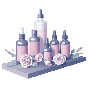 Several bottles of rose essential oils are arranged neatly on a rustic wooden shelf. The bottles vary in size and shape, some with droppers and others with spray tops. Fresh roses, in full bloom, are placed beside the bottles, their petals soft and delicate. A selection of herbs, such as lavender and mint, enhances the display. The wood of the shelf is slightly weathered, adding to the rustic charm of the setting. The background is softly blurred, focusing attention on the bottles and the fresh flowers, creating an inviting and natural ambiance.