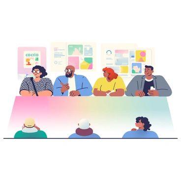 A panel discussion is taking place at an illustration conference. Four industry leaders are seated at a long table on a stage. The first panelist, a woman with short black hair and round glasses, is speaking into a microphone while wearing a patterned blouse. Next to her, a man with light brown hair and a beard is attentively listening, dressed in a casual blue shirt. The third panelist, a woman with curly red hair, is taking notes on a notepad and wearing a yellow dress. The fourth panelist, a man with dark wavy hair, is leaning forward with a thoughtful expression, dressed in a black t-shirt and a gray blazer. The audience is visible in the foreground, with engaged listeners taking notes and looking at the panelists. Behind the panelists, there are colorful banners displaying the conference logo and illustrations.