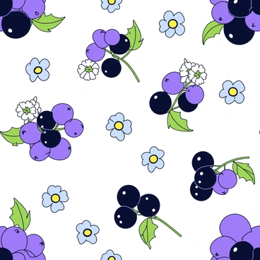 A seamless pattern consisting of clusters of "elderberries" in shades of deep purple and black. Interspersed among the berries are "green leaves" with a slightly glossy texture, showcasing their serrated edges. Scattered throughout the design are "delicate white flowers" with five petals, each flower surrounded by a hint of a yellow center. The arrangement is balanced, with varying sizes of the berries and flowers creating a natural flow across the pattern.