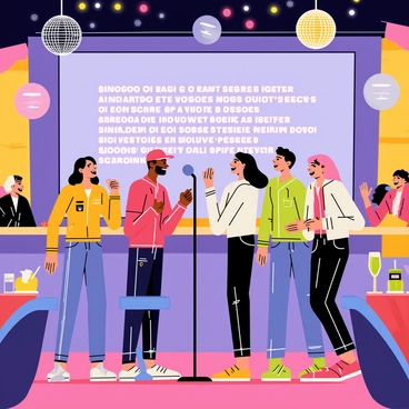A lively karaoke bar filled with colorful decorations and bright lights. Four friends stand in front of a microphone, singing joyfully together. Two friends are holding the microphone, while the other two cheer enthusiastically from the side. The bar has a sparkling disco ball hanging from the ceiling, casting playful reflections around the room. Tables are occupied with other patrons enjoying drinks and snacks, creating a festive atmosphere. A large screen displays the lyrics of the song, glowing in vibrant colors.