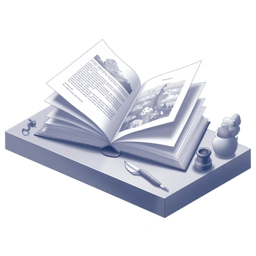 An open book with a plain cover is positioned on a table. The pages are spread wide, revealing intricate illustrations that depict fantastical scenes, exotic creatures, and whimsical landscapes. Surrounding the book, there are various elements that hint at the story inside, including a compass, a quill, and an inkwell. The table has a smooth surface, showing subtle textures and shadows cast by the open book and its illustrations.