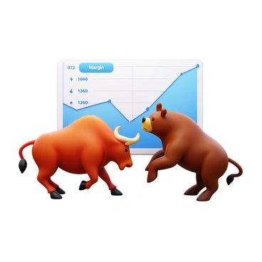 A bull and a bear engaged in a wrestling match. The bull, with shiny, muscular features, is shown in an aggressive stance, its horns pointed forward. The bear, with a thick, powerful build, is depicted rearing back, ready to counter the bull's advance. In the center of the scene, there is a large graph labeled "Margin" with visible axes and numerical values, indicating a financial context. The background features an upward and downward trend line, representing market movements. The overall composition conveys a sense of action and competition between the two animals.