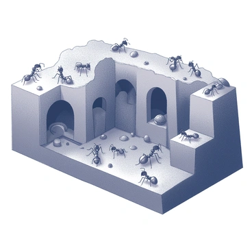 A detailed underground view of an ant colony. The scene shows numerous ants, each engaged in different tasks such as carrying tiny bits of soil, food, and plant material. Some ants are digging tunnels while others are arranging the structure of their nest. The intricate network of tunnels is visible, with chambers for nurseries and food storage. The texture of the soil and the small sizes of the ants highlight their busy and industrious nature.