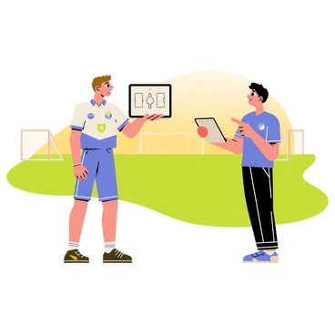 A 3D scene of a coach explaining techniques to a player using a tablet