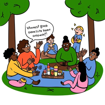 A vibrant community gathering taking place in an outdoor park setting. Several people are sitting in a circle on picnic blankets, engaged in animated conversation. A light-skinned woman with big eyes and curly brown hair is sharing a story, holding her hands expressively. Next to her, a dark-skinned man with big eyes and short hair is nodding, showing interest. In the background, children are playing, and a table is filled with snacks and drinks. Sunlight filters through the trees, casting dappled shadows on the ground as everyone connects ideas and shares laughter.