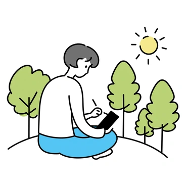 An artist, wearing a white shirt and blue jeans, is sitting cross-legged on a grassy hill. The artist has short brown hair and is focused intently on sketching in an open journal placed on their lap. Surrounding the hill, there are several tall, green trees with broad leaves, gently swaying in the breeze. The sun is shining down, casting a warm light over the scene. The artist's pencil moves swiftly across the page, capturing the beauty of nature around them.