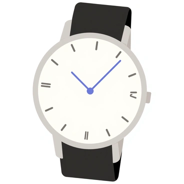 A wristwatch with a round silver case features a white dial. The dial has clear black markings indicating the hours with larger numbers for the whole hours and smaller marks for the halves and quarters. The hour hand is short and bold, while the minute hand is longer and delicate. A thin blue second hand sweeps across the dial. The watch strap is made of black leather, with a silver buckle that complements the case.
