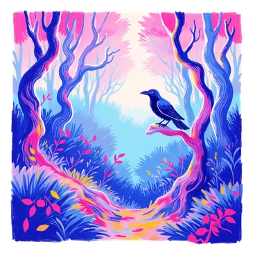 A dense forest filled with twisted trees whose gnarled branches reach out in various directions. The ground is covered with thick underbrush and scattered leaves. A dense fog blankets the scene, partially obscuring the view of the trees. A raven with glossy black feathers is perched on a low-hanging branch, its beady eyes scanning the surroundings. The overall atmosphere is one of mystery and intrigue.