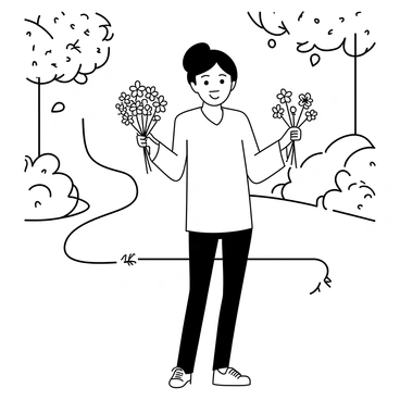 A person standing in a lush park, holding a bouquet of assorted flowers in one hand. The individual has an expression of warmth and sincerity on their face as they share a heartfelt confession. The park is filled with trees and shrubs, with a winding path visible behind them. Sunlight filters through the leaves, creating dappled shadows on the ground. The bouquet is composed of various blooms, with some flowers partially open and others still in bud form. The person's clothing is casual yet neat, suggesting a relaxed atmosphere.