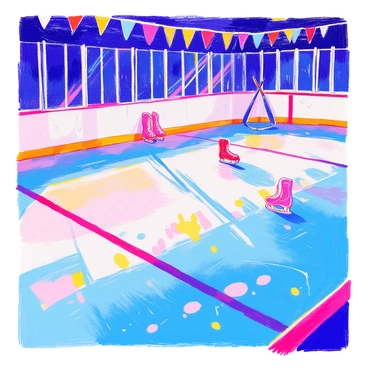 A freshly smoothed ice rink is glistening under bright lights. The surface has a shiny, reflective quality with visible skate marks etched into the ice. The rink is bordered by a white wall and has colorful banners hanging overhead. In the background, several pairs of skates are resting against the wall, and a hockey stick leans against the barrier. The atmosphere conveys a sense of excitement and anticipation for skating.