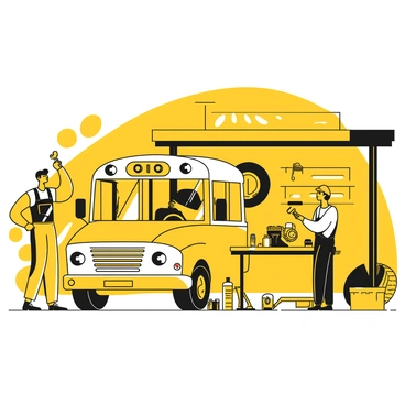 A small bus with a white body and black details is parked inside a service station. The bus has its hood open, revealing the engine for repair. Nearby, two mechanics in uniforms are actively working on the bus, one holding a wrench and the other inspecting the engine with a flashlight. There are various tools scattered around on a workbench, including screwdrivers, pliers, and oil cans. Walls of the service station are lined with tool shelves, and a tire is visible in the background, indicating a busy repair environment.